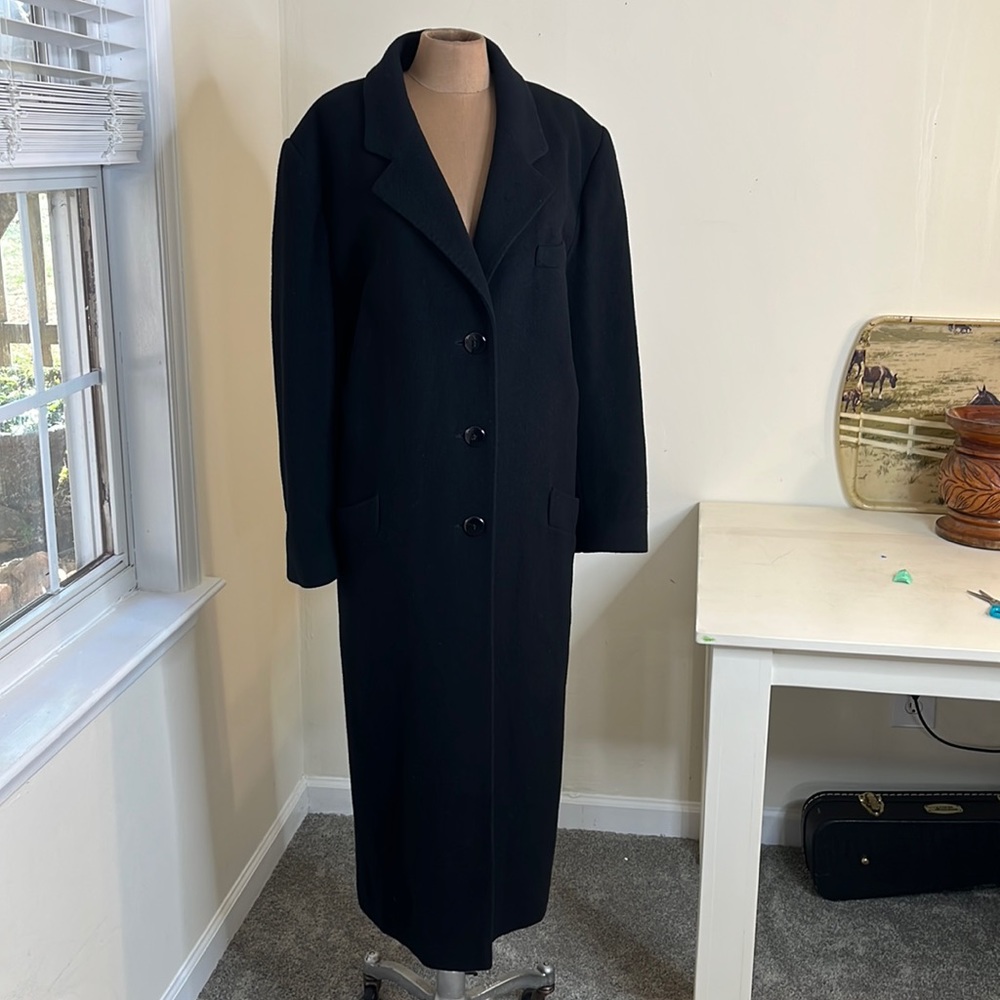 Vintage Cashmere Long Coat Black Fleurette Nordstrom Gallery Union Made in USA